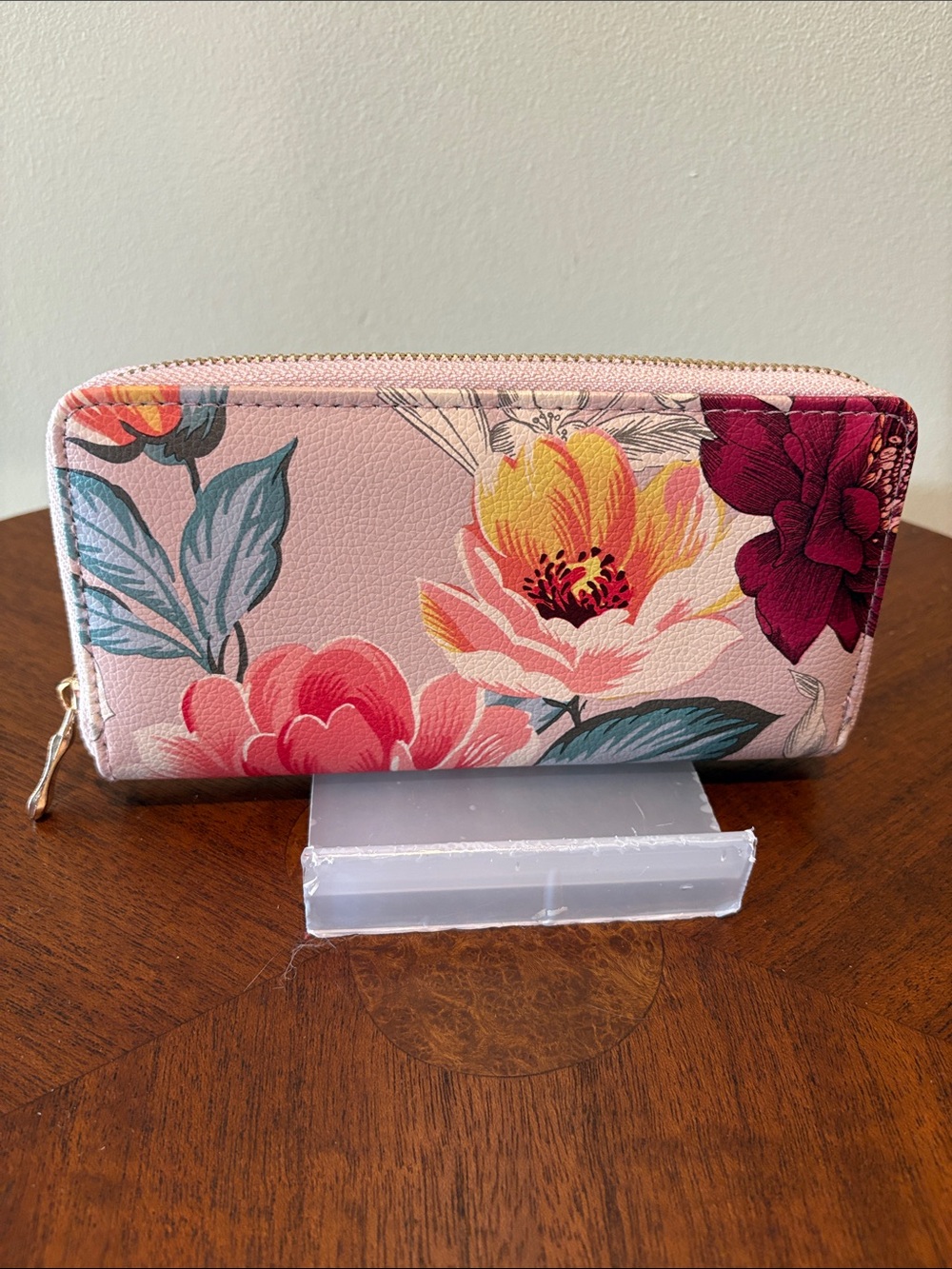 Floral Zip-Around Wallet Dusty Pink burgundy, green yellow cream/gold tone black